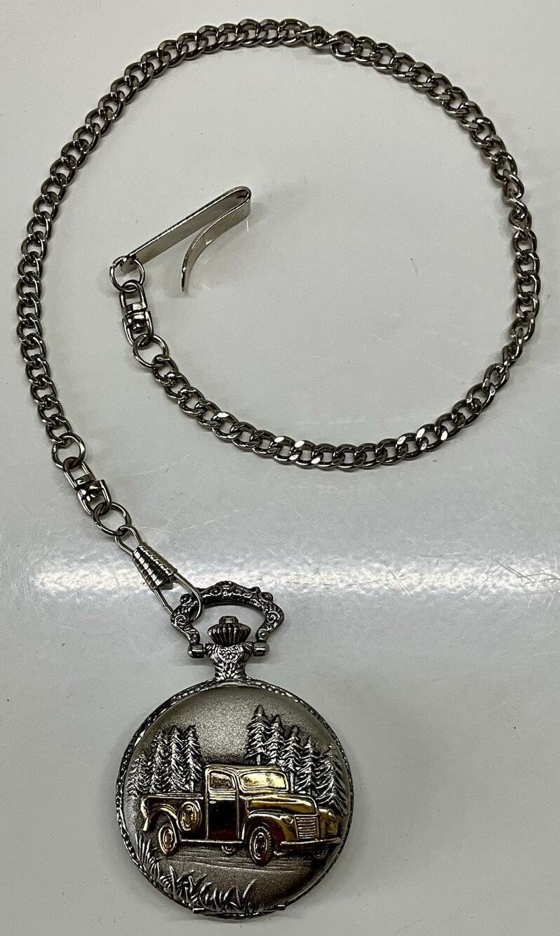 Embassy By GRUEN Quartz Pocket Watch, 2-Toned Pick-Up Truck On Cover, WORKS!